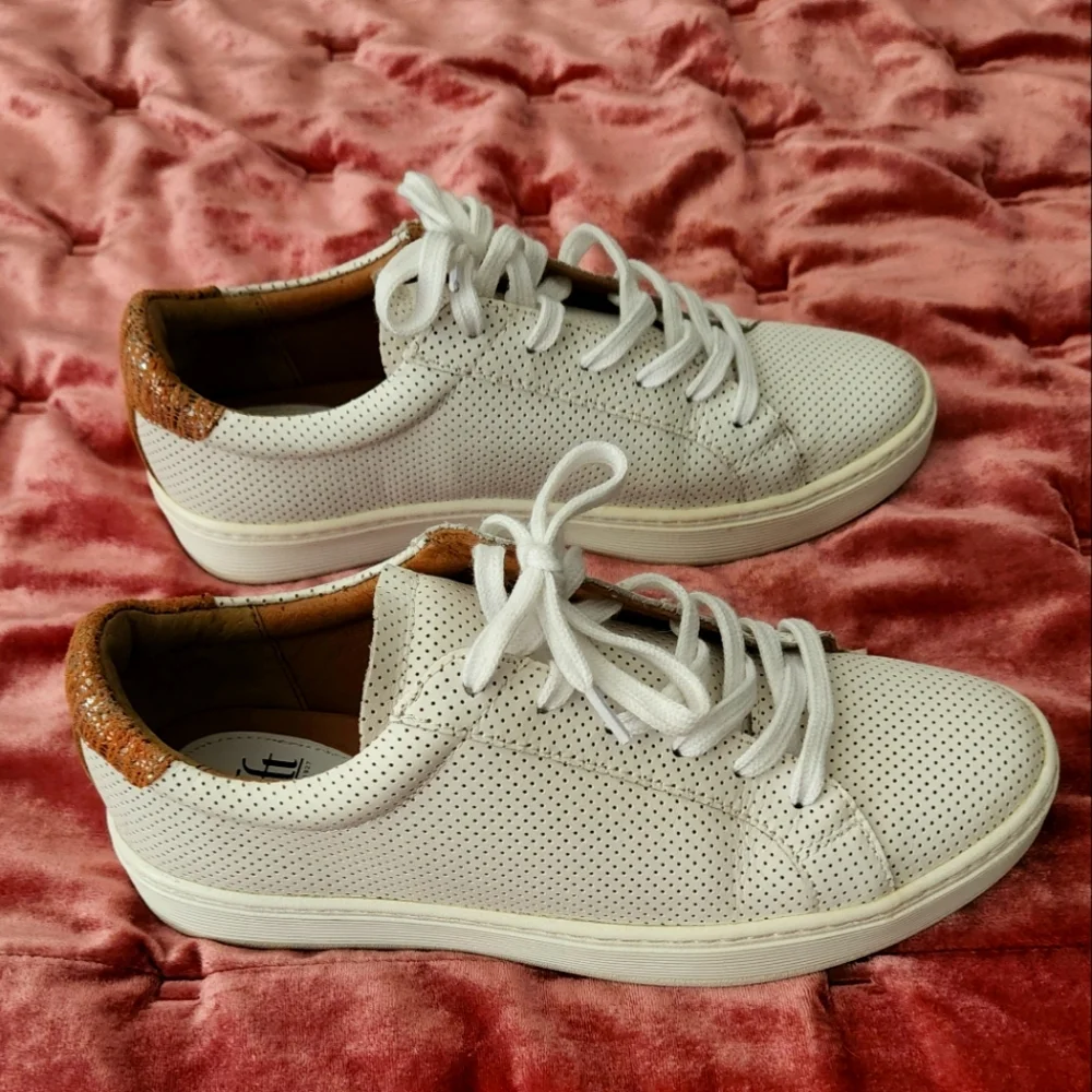 Sofft White Perforated Leather Sneakers with Tan Heel Accent
